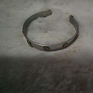 Tory Burch Silver Cuff Bracelet with Gold Logo Accents